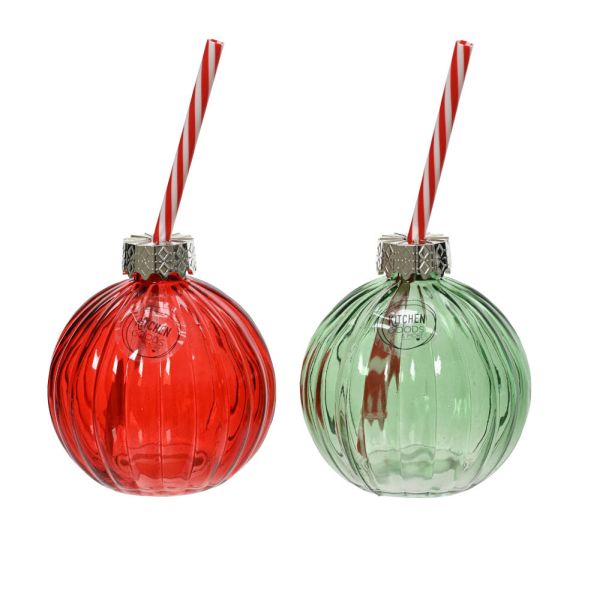 Drinking Jar Glass Xmas Red Pine Green